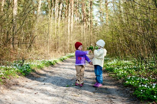An image of two little girls in the forest