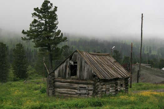 Mystery old house on hill, fog in pinery