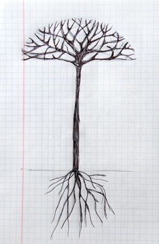 Art tree with roots on notebook sheet