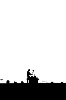 silhouette of a chimney sweep at work on the rooftop of a housing estate on white background