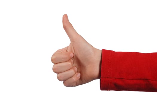 children hand showing thumbs up on white background