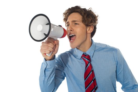 Businessman with megaphone isolated over white background