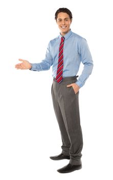Stylish corporate gentleman posing, offering handshake