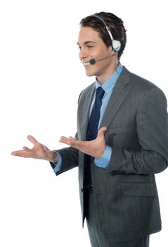 A customer support operator with a headset isolated on white