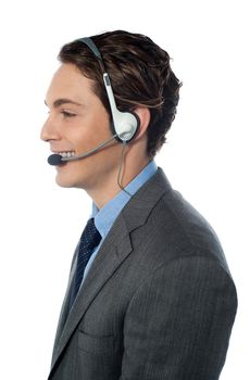 Customer support operator. Man smiling isolated