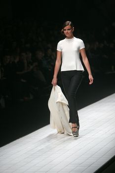 ZAGREB, CROATIA - MARCH 15: Fashion model wears clothes made by Aleksandar Zarevac on "Dove FASHION.HR" show on March 15, 2012 in Zagreb, Croatia.