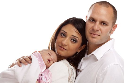 Happy Young Attractive Mixed Race Family with Newborn Baby.