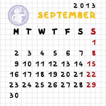 2013 monthly calendar September with Virgo zodiac sign stamp