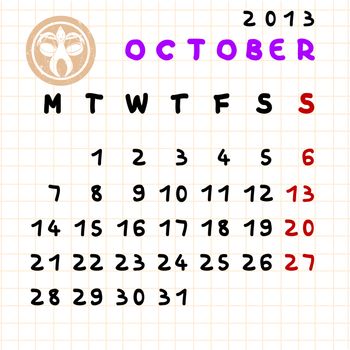 2013 monthly calendar October with Libra zodiac sign stamp