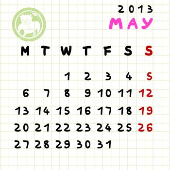 2013 monthly calendar May with Taurus zodiac sign stamp