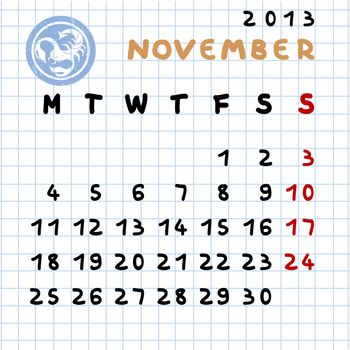 2013 monthly calendar November with Scorpio zodiac sign stamp