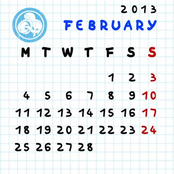 2013 monthly calendar February with Aquarius zodiac sign stamp