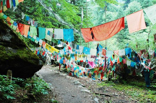 Landscape of colorful prayer flags in Tibet