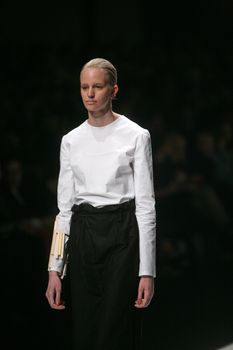 ZAGREB, CROATIA - MARCH 15: Fashion model wears clothes made by Matija Cop on "Dove FASHION.HR" show on March 15, 2012 in Zagreb, Croatia.
