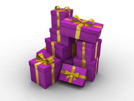 3d stack of purple gift boxes with gold ribbon