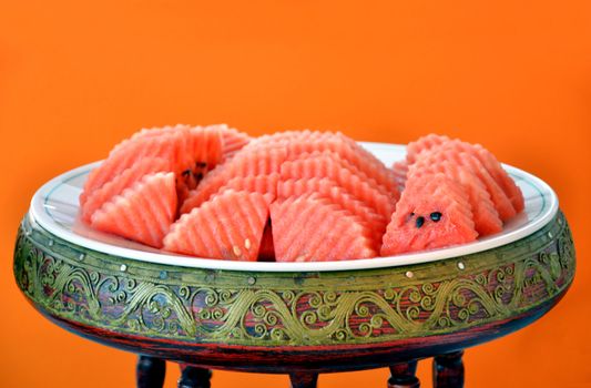 watermelon dessert , at buffet in restaurant .