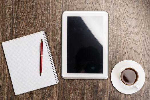 notebook, pen, coffee and tablet, workplace businessman