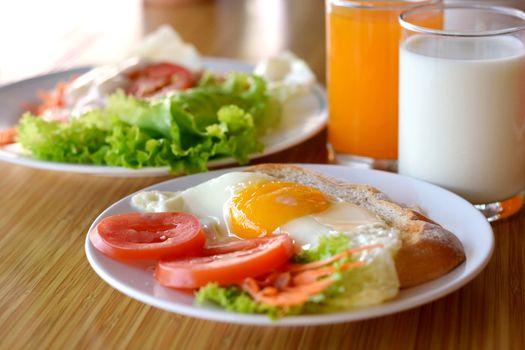 american style breakfast , with toast,  fried egg and fresh vegetables , milk and orange juice