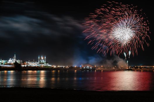 Kazan skyline taken from the other side of Kazanka river during a fireworks celebration of the Tatarstan Republic