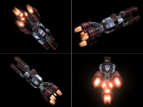 Four Back Views of Black and Red Space Ship with a black background