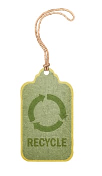 Label with recycle symbol, white background, clipping path.