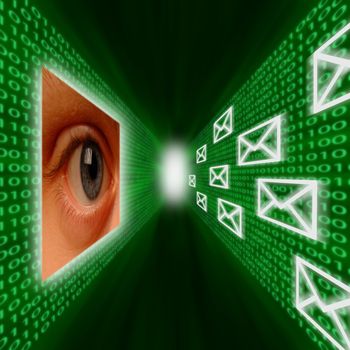 An eye monitoring a corridor of emails and binary code
