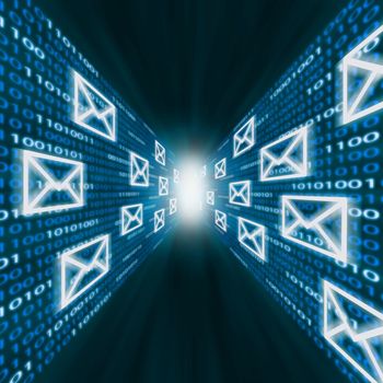 E-mail icons flying along walls of blue binary code