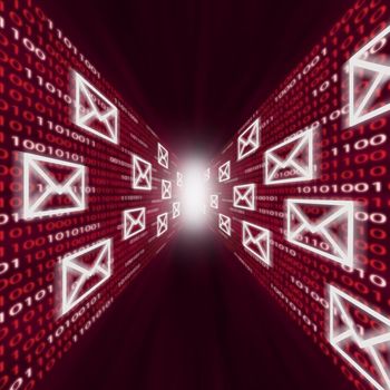 E-mail icons flying along walls of red binary code