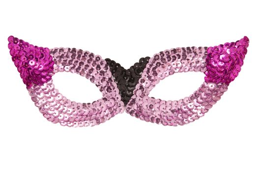 Sequined pink and purple party mask against white