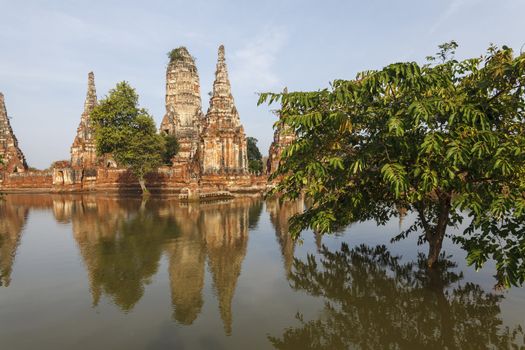 Floods Chaiwatthanaram Temple at Ayutthaya, Thailand.