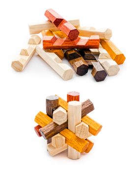 Wooden geometric puzzle made from many pieces with six grains