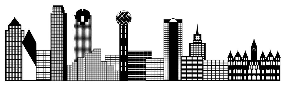 Dallas Texas City Skyline Panorama Black and White Silhouette Clip Art Illustration