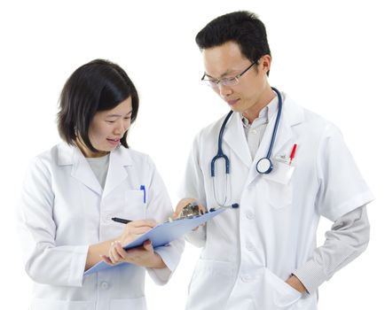 Two Asian doctor discussing, on white background