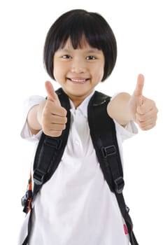 Thumbs up primary school girl with backpack on white background