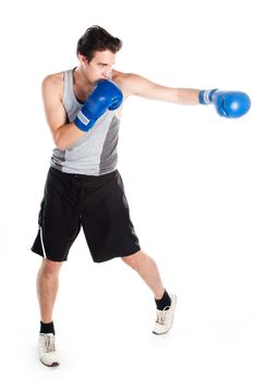 A young boxer in gray shirt and blue boxing gloves