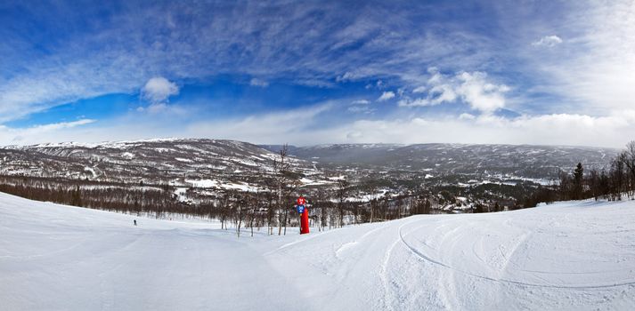 Alpine ski route at a snowy slope in Norway