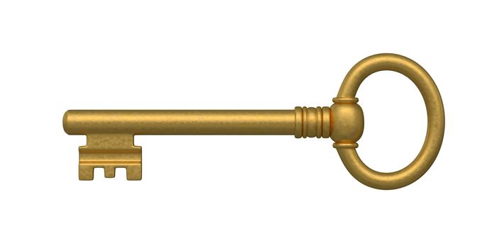 Beautiful golden skeleton key. isolated on white.