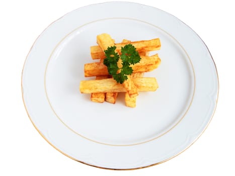 plate of chips with form of swabs, and parsley cut off and isolated