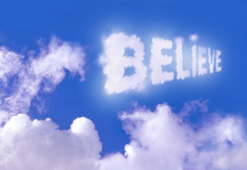 The word believe floating high above the clouds 