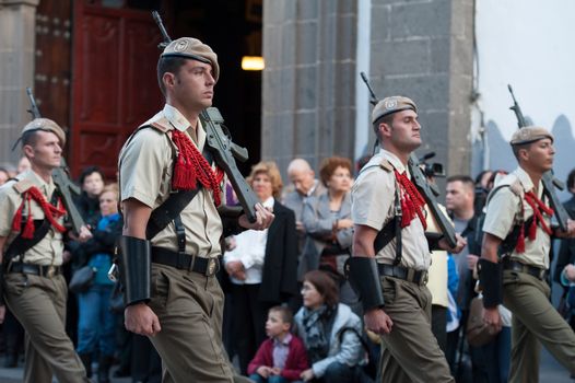 LAS PALMAS, SPAIN–APRIL 2: Unidentified soldiers, from the Spanish Legion, marching, during Palm Sunday marching procession on April 2, 2012 in Las Palmas, Spain
