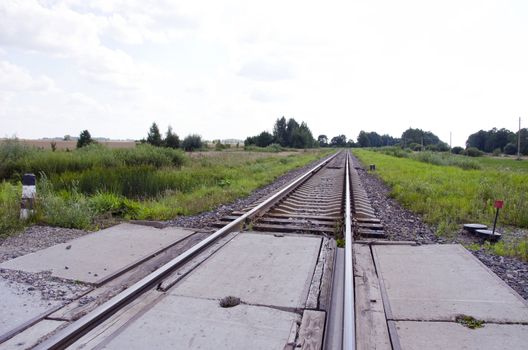 Railway track crossing road between fields and forest. Cargo transportaition railings.