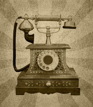 Vintage Telephone on grunge paper  with abstract sun rays
