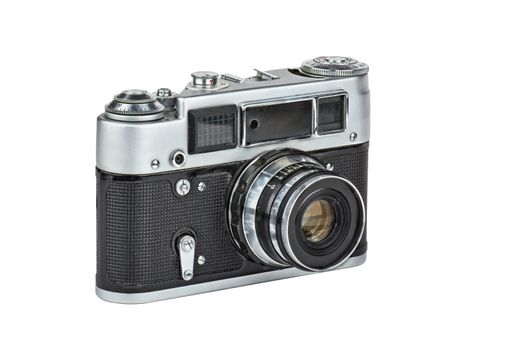 A classic manual 35mm camera from the 1960's. Image is isolated on white and the file includes a clipping path.
