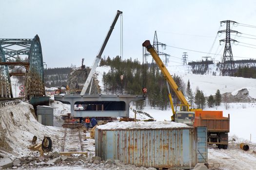 Construction of a new road bridge in the background nature of the north