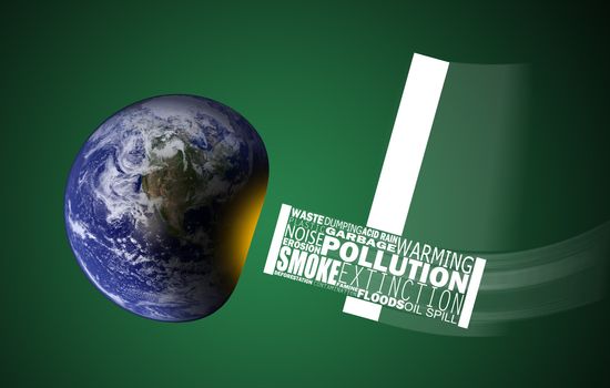 Concept image with environmental problems bombarding earth with an urgent need to conserve earth from devastation. Globe image from www.nasa.gov