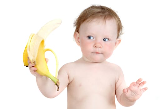 the little blue-eyed girl eats banana. a portrait on a white background. option 2