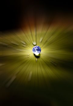 Planet earth waterdrop on leaf glowing in sunlight. Earth picture credit to: http://visibleearth.nasa.gov 