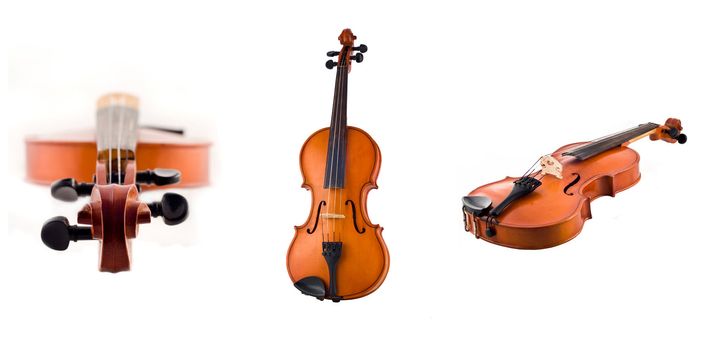 Collage of Antique violin views isolated on the white background. Full-size images are in my portfolio
