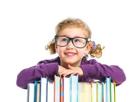 Education - funny girl in glassis with books. Isolated over white background.
