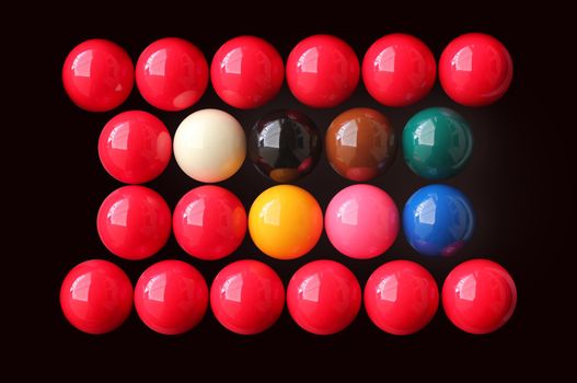 Snooker balls of various colors arranged in rows 